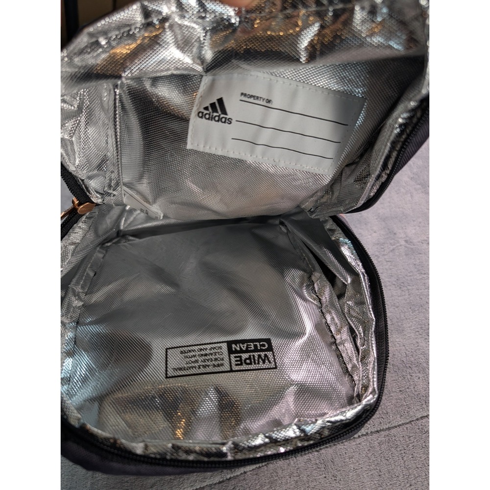 Adidas Insulated Lunch Bag Black Rose Gold Logo Stripe Zippered Mesh Pocket - Picture 3 of 7